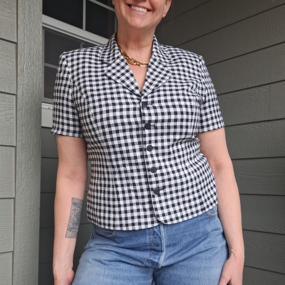 Vintage Joan Leslie Petite Black & White Gingham Short Sleeve Blazer Top 16P